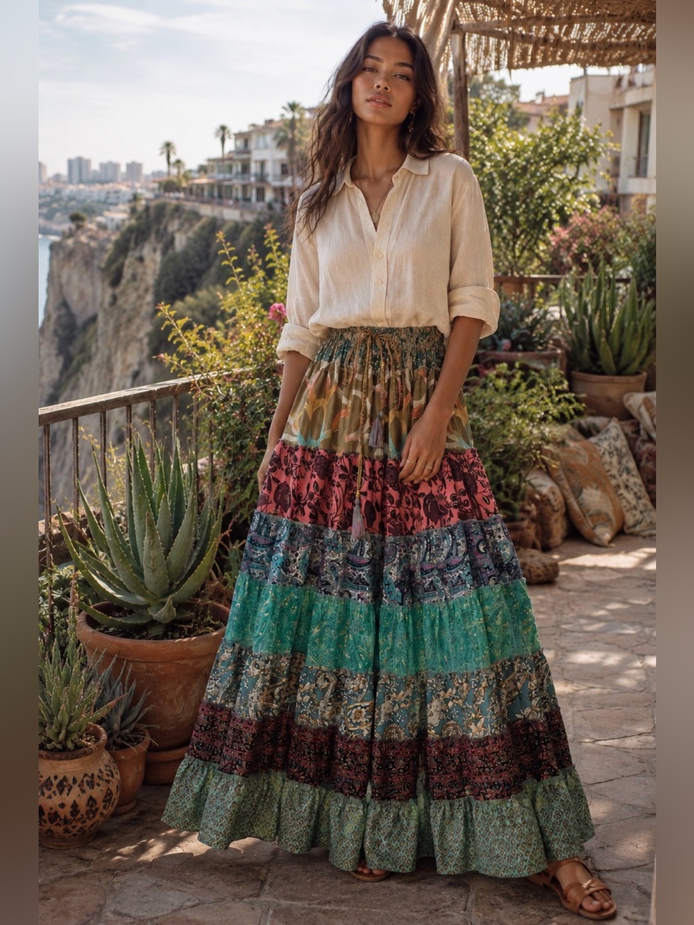 Boho Tiered Maxi Skirt in Green and Pink